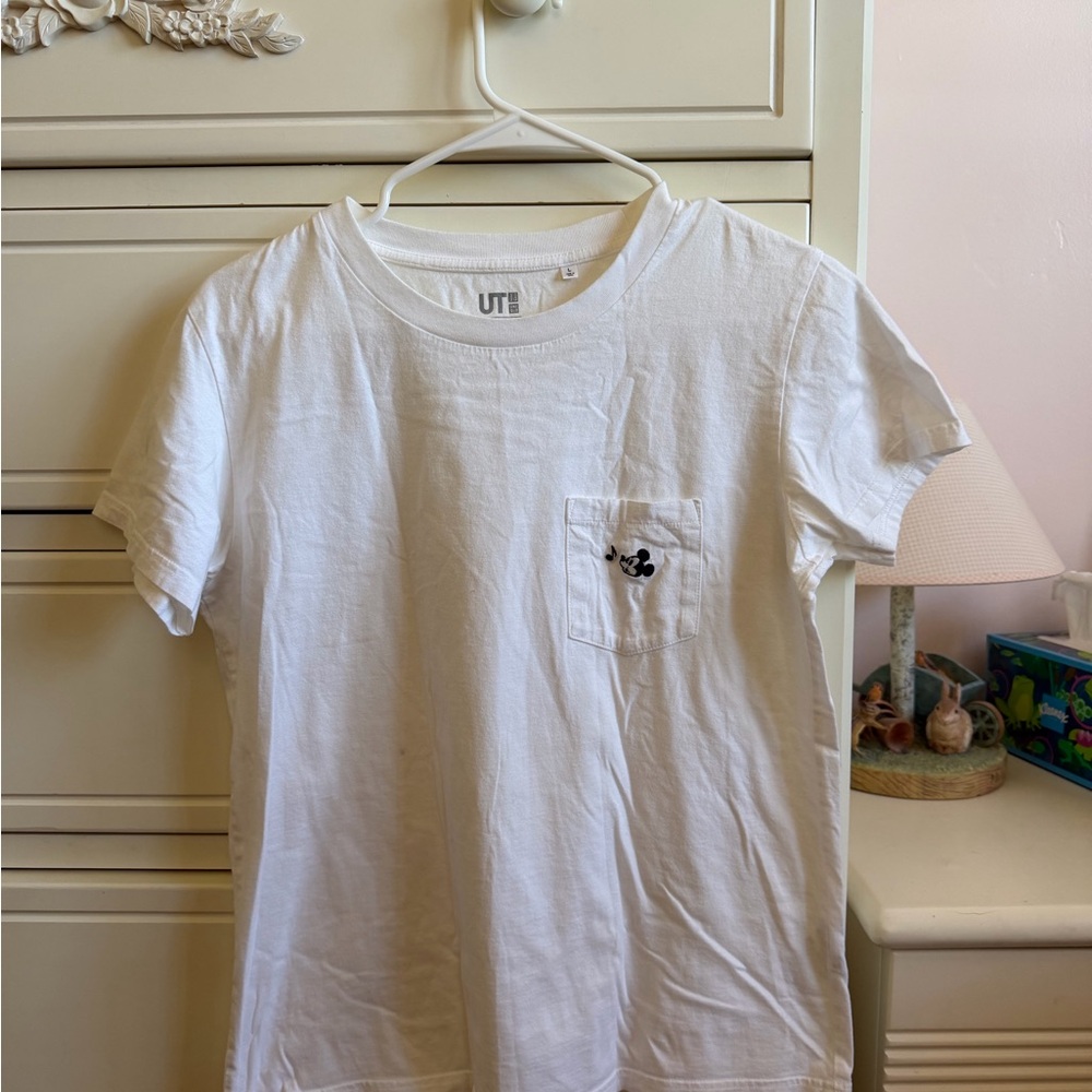 Uniqlo White Tee with Mickey Mouse Pocket